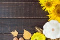 Autumnal food background. Crop of vegetables and fruit on wooden background. Royalty Free Stock Photo