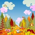 Autumnal forest card with cute animals