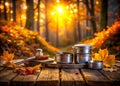 Autumnal Forest Nocturne Aluminum Dishes and Mess Tin Rest on a Rustic Wooden Table Capturing the Tranquil Beauty