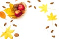 Autumnal frame composition. Fall leaves, apple and walnut on white background. Autumn, thanksgiving concept. Flat lay