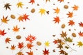 Autumnal frame with leaves and walnut on white background. Flat lay, top view. Thanksgiving day concept