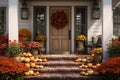 Autumnal front porch decor with pumpkins mums