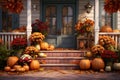 Autumnal front porch decor with pumpkins mums