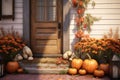 Autumnal front porch decor with pumpkins mums