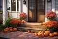 Autumnal front porch decor with pumpkins mums