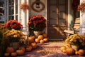 Autumnal front porch decor with pumpkins mums