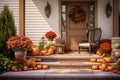 Autumnal front porch decor with pumpkins mums