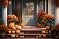 Autumnal front porch decor with pumpkins mums