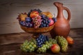 Autumnal fruit still life with Georgian jug on rustic wooden tab Royalty Free Stock Photo