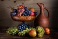 Autumnal fruit still life with Georgian jug on rustic wooden tab Royalty Free Stock Photo