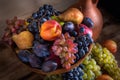 Autumnal fruit still life with Georgian jug on rustic wooden tab Royalty Free Stock Photo