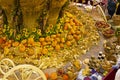 Autumnal harvest decoration colors of yellow, orange, green pumkins and vegatable in the market