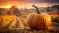 Autumnal harvest a single pumpkin rests in a rustic farm field at sunset. Generative AI Royalty Free Stock Photo