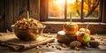 Autumnal harvest treat bowl with candy and candied apples. Generative AI