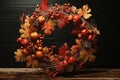 Autumnal harvest wreath with a mix of leaves