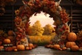 Autumnal harvest wreath with pumpkins gourds and