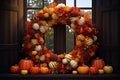 Autumnal harvest wreath with pumpkins gourds and