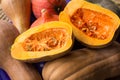 Autumnal harvest of yellow, orange, green pumkins full and cut