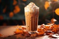 Autumnal Indulgence Capturing the Essence of Fall with Pumpkin Cream Cold Brew Latte under Soft Commercial Light. created with