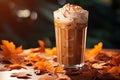 Autumnal Indulgence Capturing the Essence of Fall with Pumpkin Cream Cold Brew Latte under Soft Commercial Light. created with