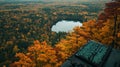 Autumnal lake vista, coding laptop, remote work Royalty Free Stock Photo