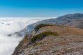 Landscape with Babuhan Yaila natural reserve with blanket of fog arisen from the Black Sea in Crimean peninsula