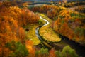 Autumnal landscape of the forest and twisted river in Kashubia. Poland