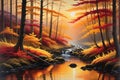 Autumnal Landscape: Golden-Hued Forest at Twilight, Leaves Transitioning to Warm Oranges and Reds