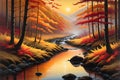 Autumnal Landscape: Golden-Hued Forest at Twilight, Leaves Transitioning to Warm Oranges and Reds