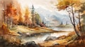 Autumnal Landscape with Mountains, Forests, and a Lake in Watercolor. Perfect for Posters and Wallpapers.