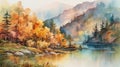 Autumnal Landscape with Mountains, Forests, and a Lake in Watercolor. Perfect for Posters and Wallpapers.