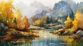 Autumnal Landscape with Mountains, Forests, and a Lake in Watercolor. Perfect for Posters and Wallpapers.