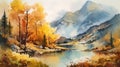 Autumnal Landscape with Mountains, Forests, and a Lake in Watercolor. Perfect for Posters and Wallpapers.