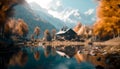 Autumnal landscape with old house in beautiful forest with a lake and mountains .AI generated