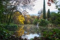 Autumnal landscape of pond with yellow, green trees and fallen leaves in the water in El Capricho park Royalty Free Stock Photo