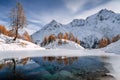 Autumnal landscape view of the Lac Bleu in Arolla with golden larches and snow-covered mountains Royalty Free Stock Photo