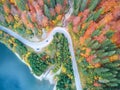 Autumnal landscape view of a mountain road and a lake Royalty Free Stock Photo