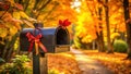 Autumnal mailbox with a red bow and leaf adornment on a fall path. Generative AI Royalty Free Stock Photo