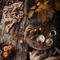Autumnal outdoor scene with pumpkins, tea, and blankets Royalty Free Stock Photo