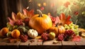 Autumn abundance: pumpkins, fruits and falling leaves on rustic wooden table