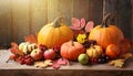 Autumn abundance: pumpkins, fruits and falling leaves on rustic wooden table