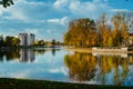 Autumnal park. Lake with reflection. Morning. Bridge