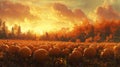Autumnal Pumpkin Patch at Sunset with Golden Clouds and Trees Royalty Free Stock Photo