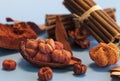 Autumnal pumpkins and dried wooden sticks, harvest