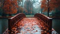 Autumnal Red Bridge Over Pond Royalty Free Stock Photo