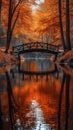 Autumnal Reflections, Bridge over Still Water with Red Leaves Royalty Free Stock Photo