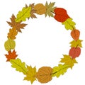 Autumnal round frame. Wreath of autumn leaves.