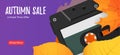 Autumnal sale banner with leaves and retro audio tape music storage device. Royalty Free Stock Photo