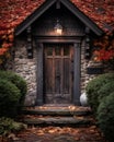 autumnal scene featuring a traditional wooden door illuminated by a glowing lantern