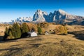 Autumnal scenery in highlands. Alpine landscape  circled by colorful yellow and red fall trees in Dolomite mountains, Tyrol Royalty Free Stock Photo